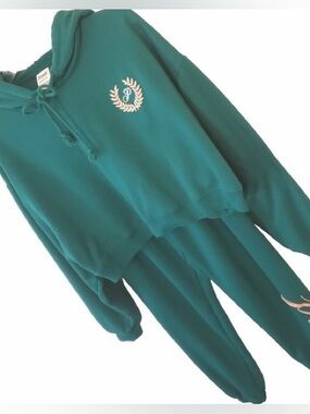 Victoria's Secret M Green Zip Hoodie Sweatpants Joggers Set RARE Loungewear GUC